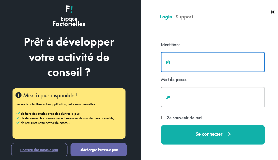 Une notification apprait depuis la page d'authentification de l'Espace Factorielles. Au lancement du logiciel